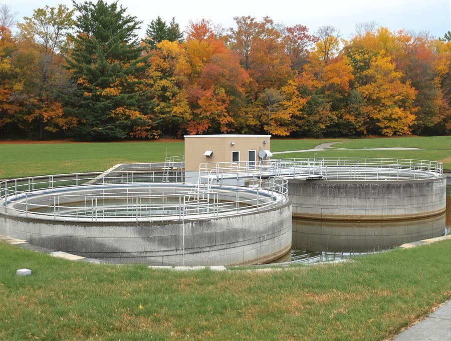 Round concrete settling tanks at a small wastewater treatment plant, with autumn trees behind